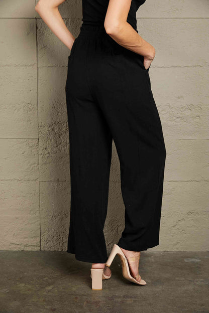 Elastic Waist Straight Leg Pants with Pockets
