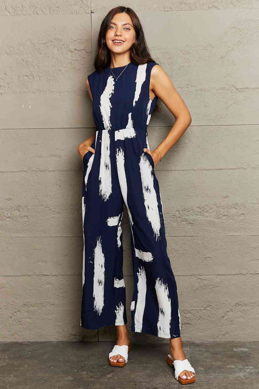 Printed Round Neck Jumpsuit with Pockets