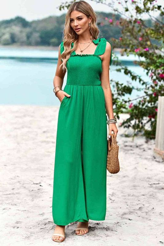 Tie Shoulder Wide Leg Jumpsuit with Pockets