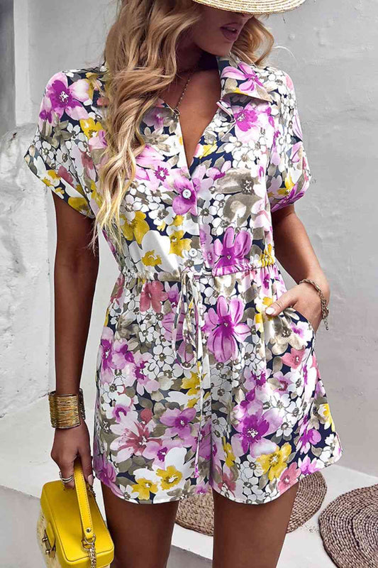 Floral Lapel Collar Romper with Pockets